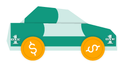 illustration of a car made of money with gold coin wheels