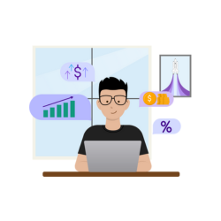 graphic of man on a laptop researching finances