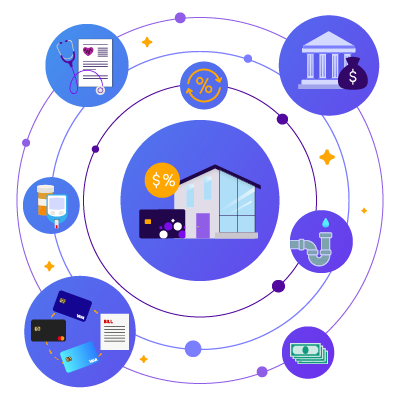 Solar system with planets representing items you may need a line of credit for such as bills, repairs and etc