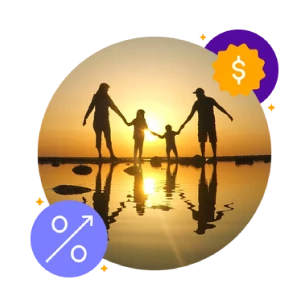 family on a walk with saving rate icons