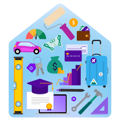 Image of a blue house with home improvement, travel and education items within it